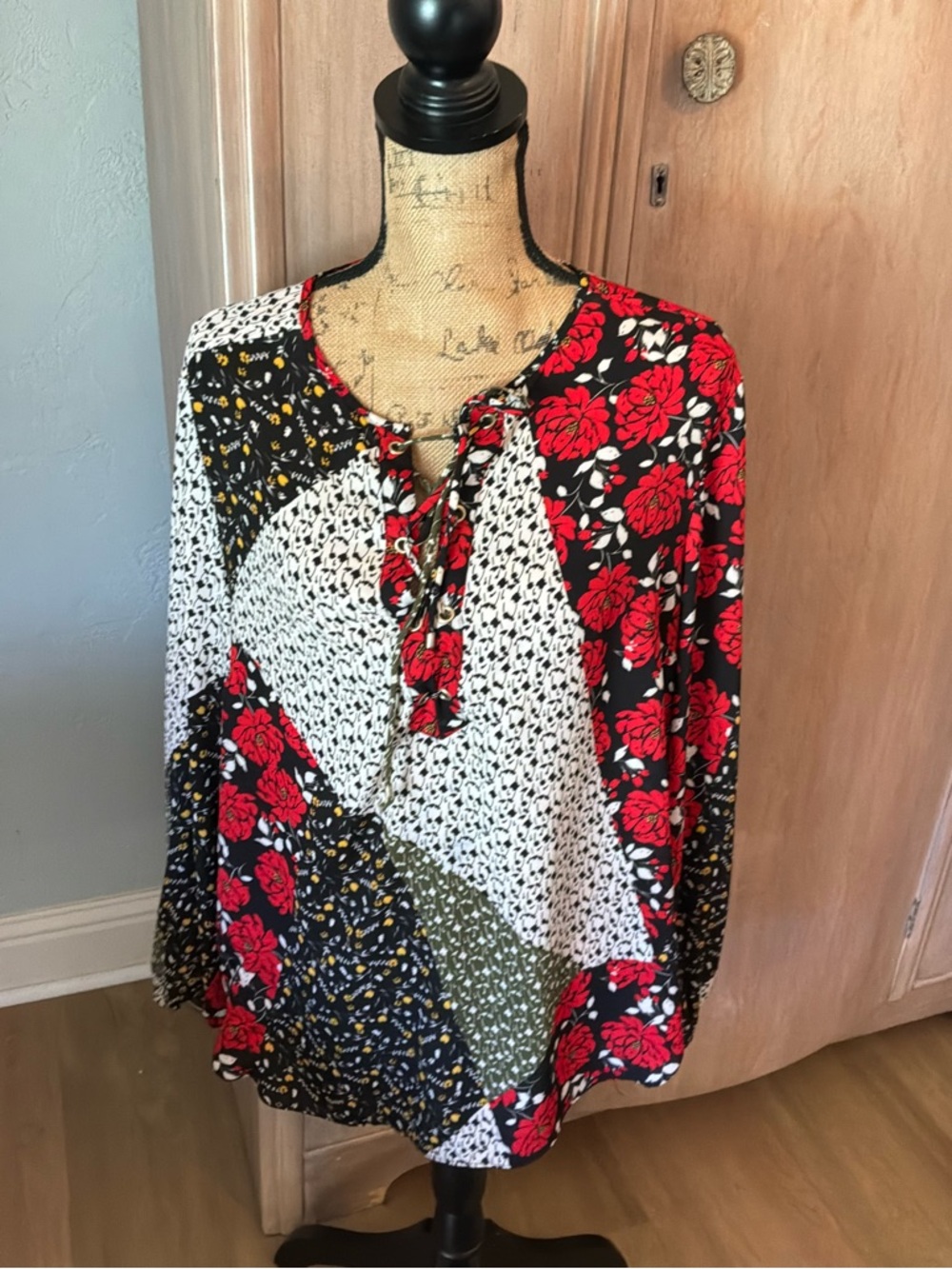 Libby Edelman Floral Patchwork Lace Up Blouse XL flowy boho Stevie Gypsy